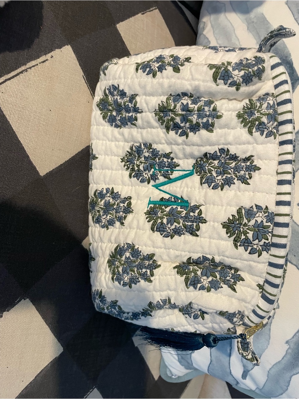 Mark & Graham White Quilted Cosmetic Pouch with Blue and Green Floral Print